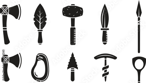 Silhouette of various ancient and medieval weapons and tools in black