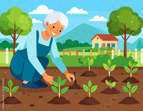 A happy senior woman is gardening in her field, tending to young plants with a farmhouse in the background. This represents a peaceful retirement hobby and sustainable living.