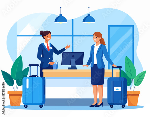 A professional hotel receptionist assists a businesswoman with her luggage at the front desk, representing hospitality, travel, and customer service.