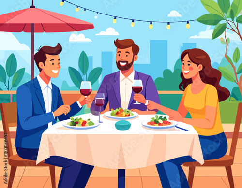 	A group of friends enjoys a cheerful dinner with wine at a restaurant table under festive lights, representing friendship, celebration, and socializing.