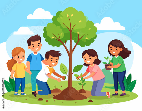 A child and an adult work together to plant a small seedling, symbolizing growth, environmental education, and nurturing the next generation.