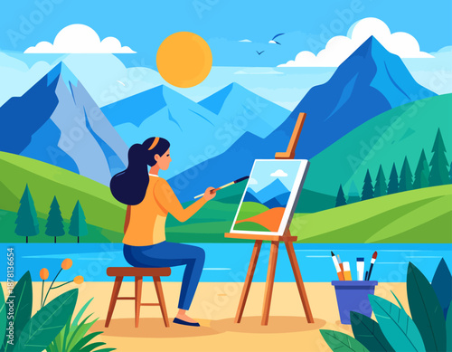 A female artist sits by the water under a bright sun, painting a stunning mountain landscape. This captures the serene process of creating art in nature.