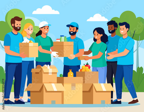 	A diverse team of cheerful volunteers works together, passing along donation boxes. This image powerfully conveys community, charity, and humanitarian aid.
