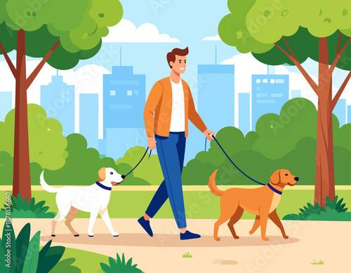 A man walks his two happy dogs on leashes through a city park, enjoying an active, outdoor lifestyle and the companionship of his pets.