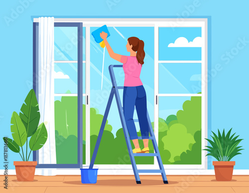 A woman stands on a stepladder to clean a large window with a squeegee, representing home maintenance and professional cleaning services.
