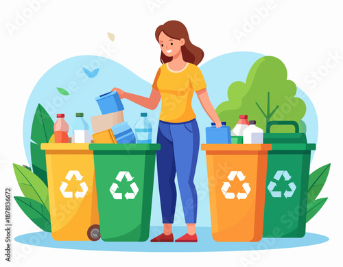 A woman responsibly sorts waste into different recycling bins, promoting environmental awareness and sustainable living.