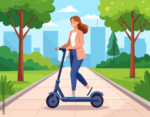 A woman in business casual attire confidently rides an electric scooter along a park path, representing a modern, eco-friendly commute and an active urban lifestyle.