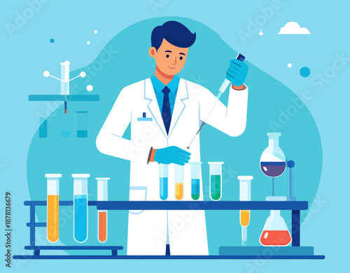 A male scientist in a lab coat examines a chemical reaction in a beaker within a modern laboratory, symbolizing scientific research, innovation, and discovery.