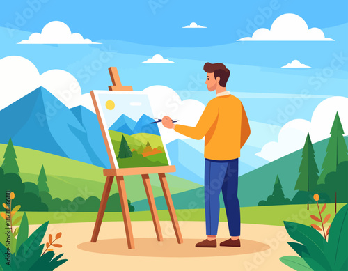 An artist captures a vibrant mountain scene on canvas with an easel set up in a beautiful, natural landscape, fully engaged in his creative process.
