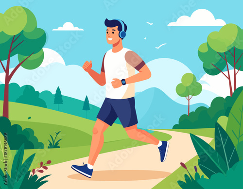 An athletic man enjoys a morning jog on a park trail, listening to music with headphones. This represents a healthy, active lifestyle and dedication to fitness.