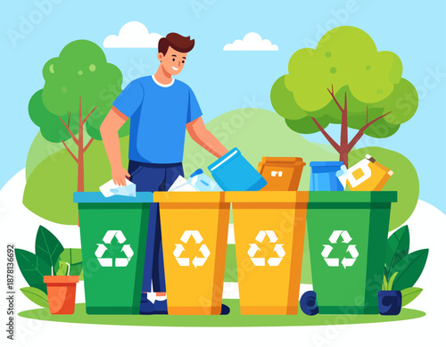 A young man responsibly sorts waste, placing a plastic bottle into a green recycling bin. This promotes environmental conservation and sustainable living.