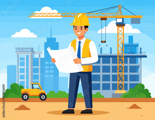 A construction engineer in a safety vest and hard hat examines blueprints against a city construction site backdrop, symbolizing planning and urban development.