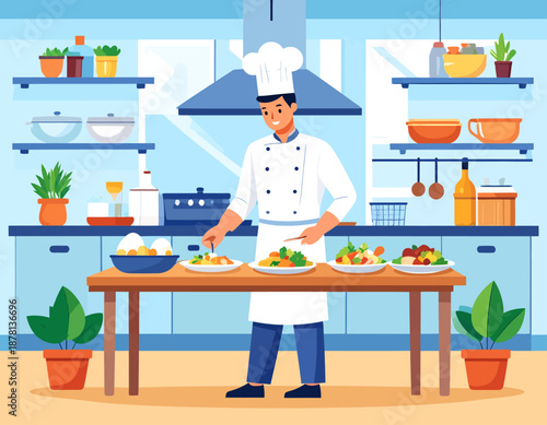 	A professional male chef in uniform meticulously prepares and plates multiple dishes in a commercial kitchen, showcasing culinary skill and the art of gastronomy.