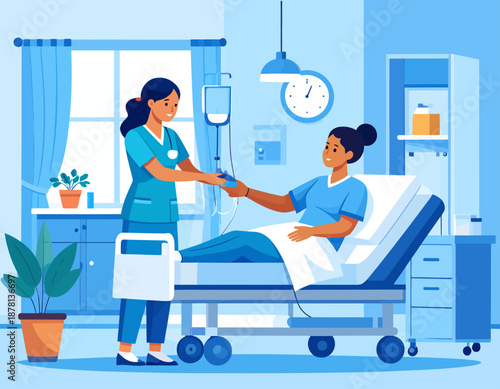 A compassionate nurse provides care to a female patient resting in a hospital bed. This illustrates healthcare, medical support, and the importance of attentive patient care.