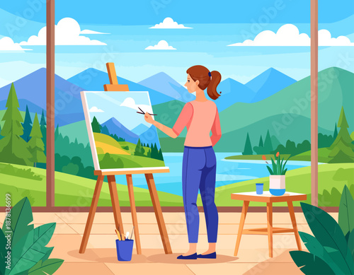 	A female artist stands by a tranquil lake, painting a mountain landscape on her easel. This captures the joy of creating art while being inspired by nature's beauty.