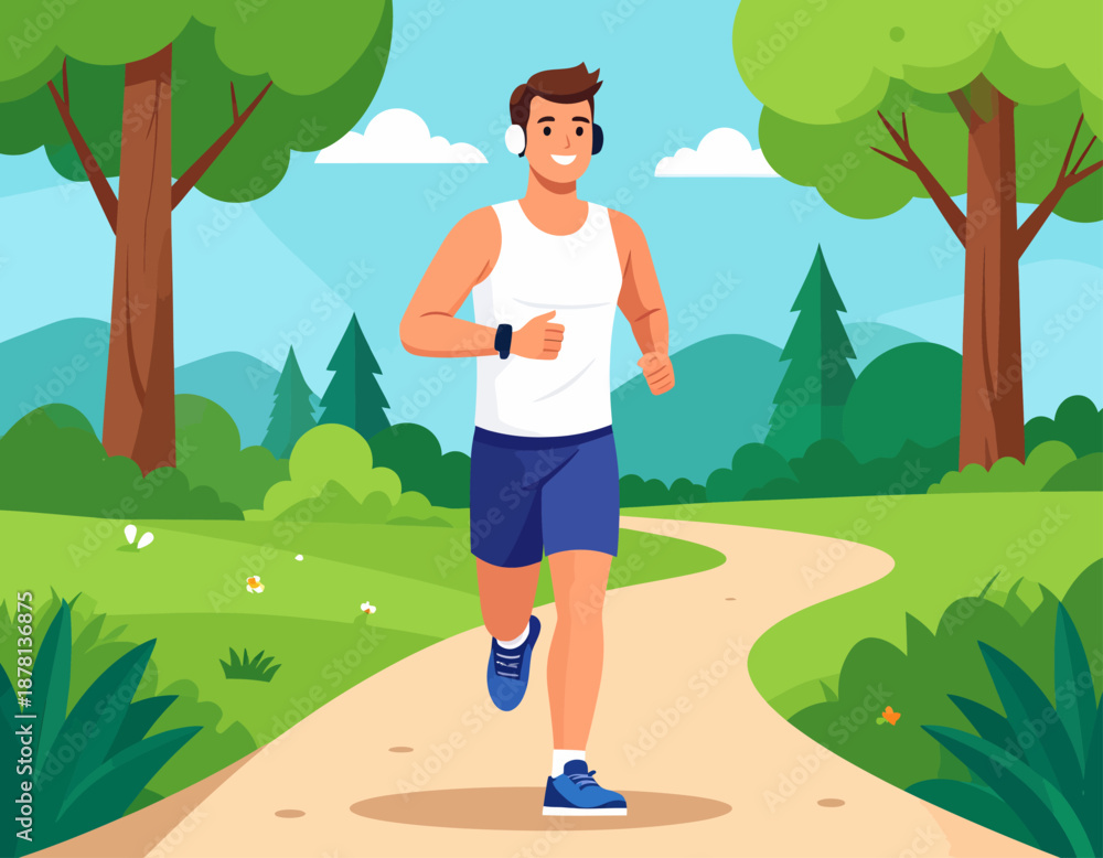 Fototapeta premium A young man enjoys a jog through a scenic park, listening to music on his headphones. This image embodies fitness, an active lifestyle, outdoor recreation, and personal well-being.