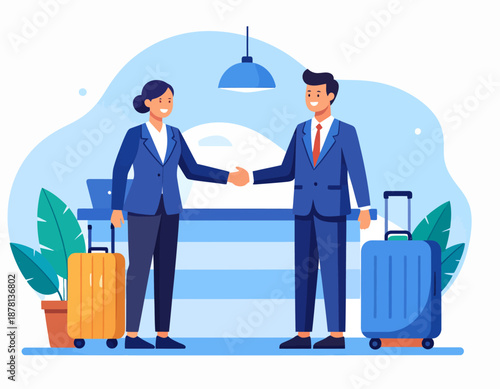 A businessman and a businesswoman shake hands in a professional setting, with luggage beside them. This signifies a business deal, partnership, or a welcome at a hotel for a business trip.