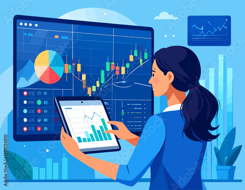 A businesswoman analyzes complex financial data on a large screen and a tablet. This represents stock market trading, financial analysis, and modern data-driven business strategy.
