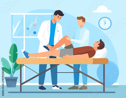 A male doctor or physical therapist examines a male patient's injured knee on an examination table, demonstrating medical consultation and orthopedic care.