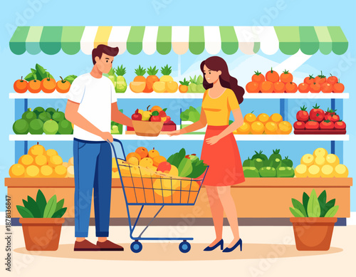 A young couple shops for fresh produce in a supermarket. They are choosing fruits and vegetables, representing a healthy lifestyle, grocery shopping, and daily errands.