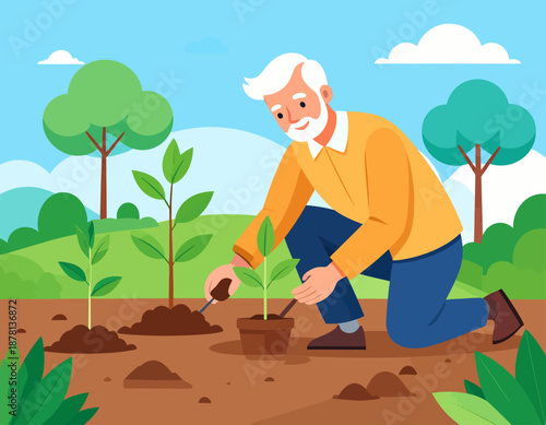 A senior man contentedly plants a new seedling in his garden. This heartwarming scene represents the joys of gardening, retirement hobbies, connecting with nature, and nurturing growth.
