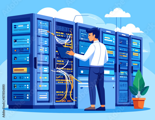 An IT technician works on complex server racks in a data center. He manages cables and hardware, symbolizing network administration, data storage, and the backbone of modern technology.