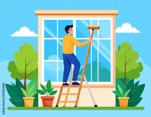 A man on a ladder cleans a large window with a squeegee. This scene illustrates professional cleaning services, property maintenance, and the importance of a clear and bright living space.