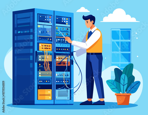 An IT specialist manages a server rack in a data center. He configures hardware and cables, representing network administration, data management, and modern technology infrastructure maintenance.