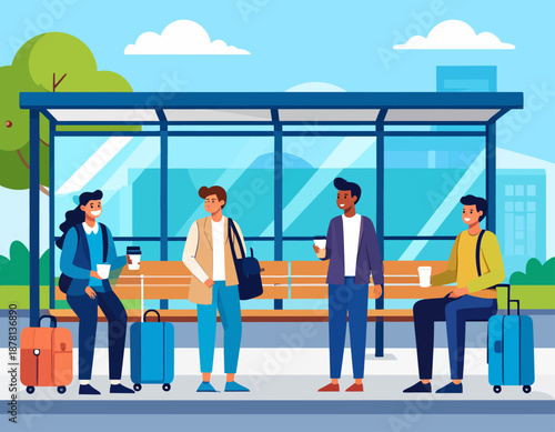 A diverse group of young travelers with luggage waits at a city bus stop. They chat while holding coffee, illustrating public transportation, urban travel, tourism, and modern city life.