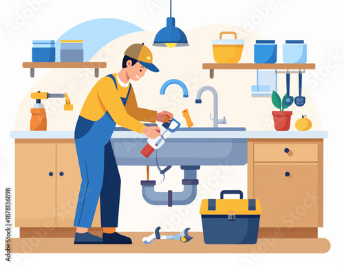 A professional plumber in a cap and overalls works diligently on a kitchen sink. With his toolbox and equipment, he represents skilled trade, home repair, and essential maintenance services.
