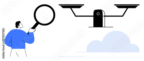 Justice, legal evaluation, decision-making, analysis, transparency, investigation. A person holding a magnifying glass observes a balance scale. Justice and legal evaluation in a simple, modern