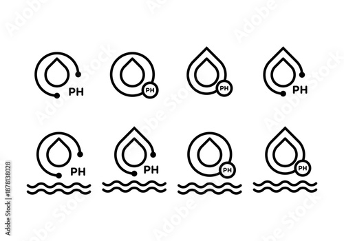 Collection of vector icons of pH level water droplets on transparent background silhouettes.