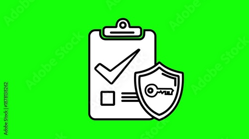 Secure Checklist Verification Line Icon Animation on Green Screen