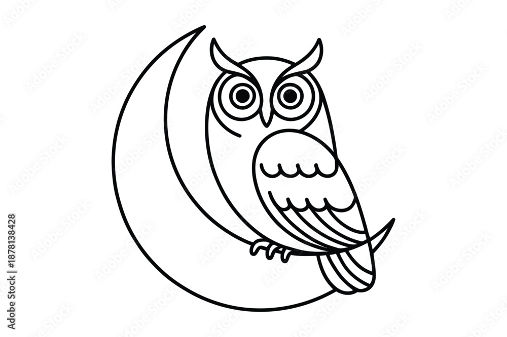 Fototapeta premium Stylized Owl Perched on Crescent Moon Night Sky Illustration
