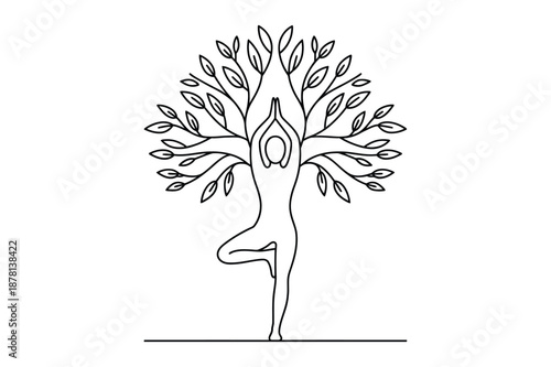 Yoga Tree Pose Illustration with Leafy Branch Canopy Design