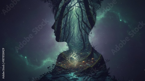 Surreal double exposure of a human profile merged with a mystical forest and cosmic galaxy background