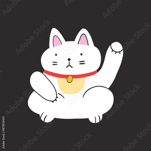 Isolated japanese maneki neko cat. Traditional cat or lucky oriental symbol. Good luck, asian symbol of wealth. Cute cartoon modern art. Red, white, black, yellow.