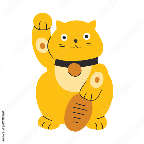 Isolated japanese maneki neko cat. Traditional cat or lucky oriental symbol. Good luck, asian symbol of wealth. Cute cartoon modern simple art. White, red, black, yellow.