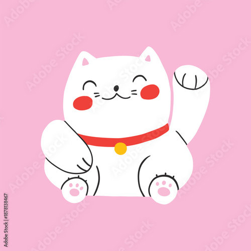 Isolated japanese smiling maneki neko cat. Traditional cat or lucky oriental symbol. Good luck, asian symbol of wealth. Cute cartoon modern set. Red, white, black, yellow.