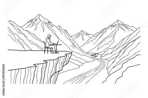Digital nomad working on laptop at mountain cliff line art