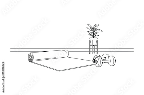 Yoga mat and dumbbells for home fitness routine line art