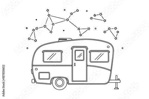 Minimalist line art of a vintage travel trailer under a starry sky with constellations for camping and adventure concepts.