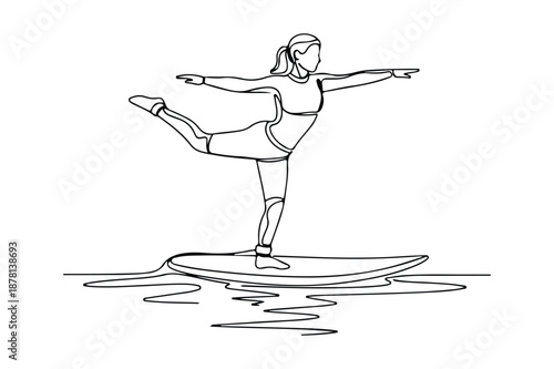 One line drawing of a woman practicing yoga on a surfboard in the ocean for wellness and fitness concepts.