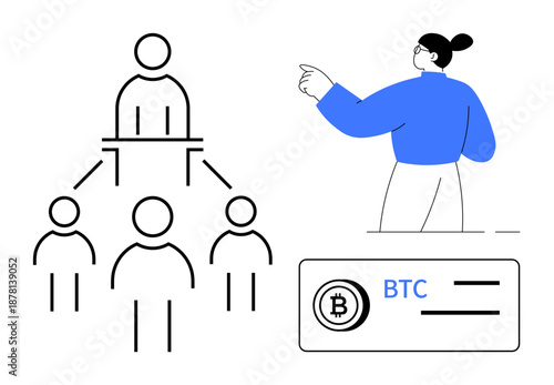 Cryptocurrency, blockchain technology, digital transactions, decentralized system, financial innovation, and peer-to-peer payment. Hierarchical network diagram with Bitcoin wallet displayed
