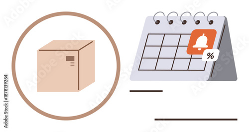 Logistics, shipping, e-commerce, time management, delivery tracking, notifications. Minimal design a cardboard box and a calendar with a notification bell. Logistics and shipping concept