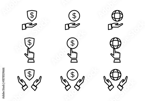 vector collection of financial icon illustrations, hand symbols with dollar or money symbol and shield.