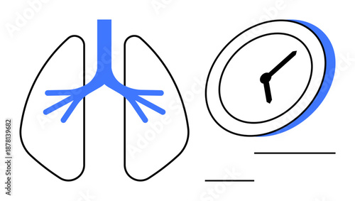 Health awareness, respiratory care, medical studies, time management, efficiency, life balance. Stylized lungs paired with a clock. Health awareness and respiratory care connection