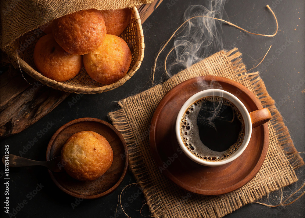 Fototapeta premium Colombian buñuelo and coffee against a rustic, dark background. Warm, low-key lighting illuminates the golden crust and creates a cozy atmosphere reminiscent of a traditional Latin American breakfast.