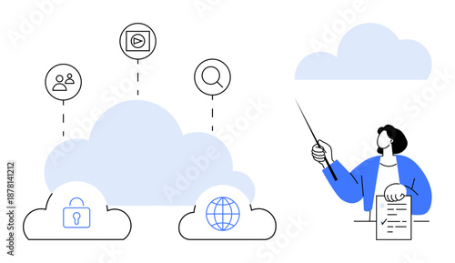 Person pointing to interconnected cloud elements symbolizing data access, internet, and secure storage. Ideal for technology, education, teamwork, security, connectivity analysis innovation. Simple
