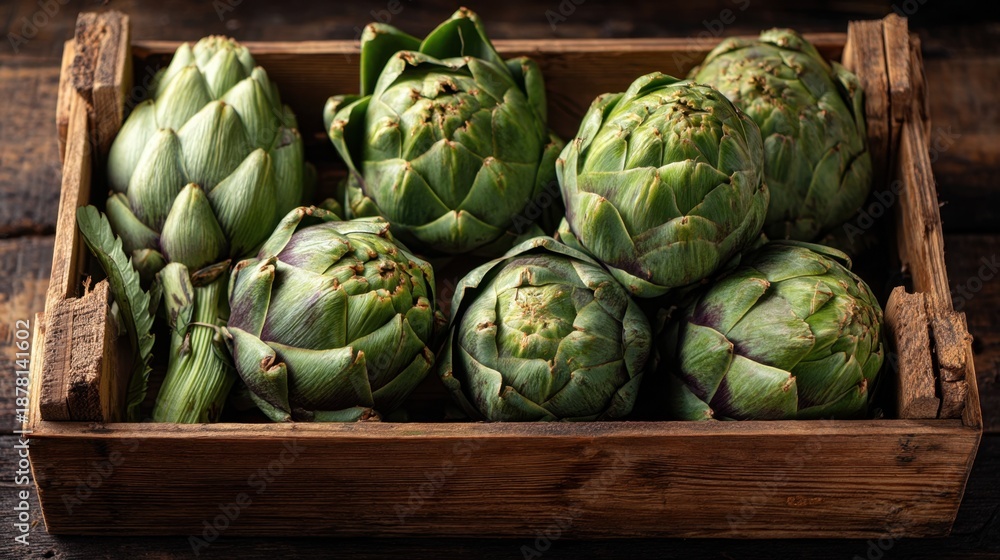 Obraz premium Fresh green artichokes arranged in wooden box on rustic table.